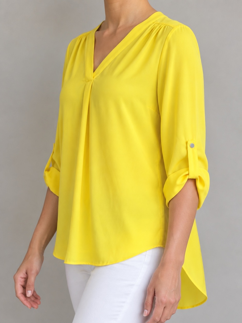 Jones New York Bright Yellow V-Neck Roll-Tab Sleeve Blouse